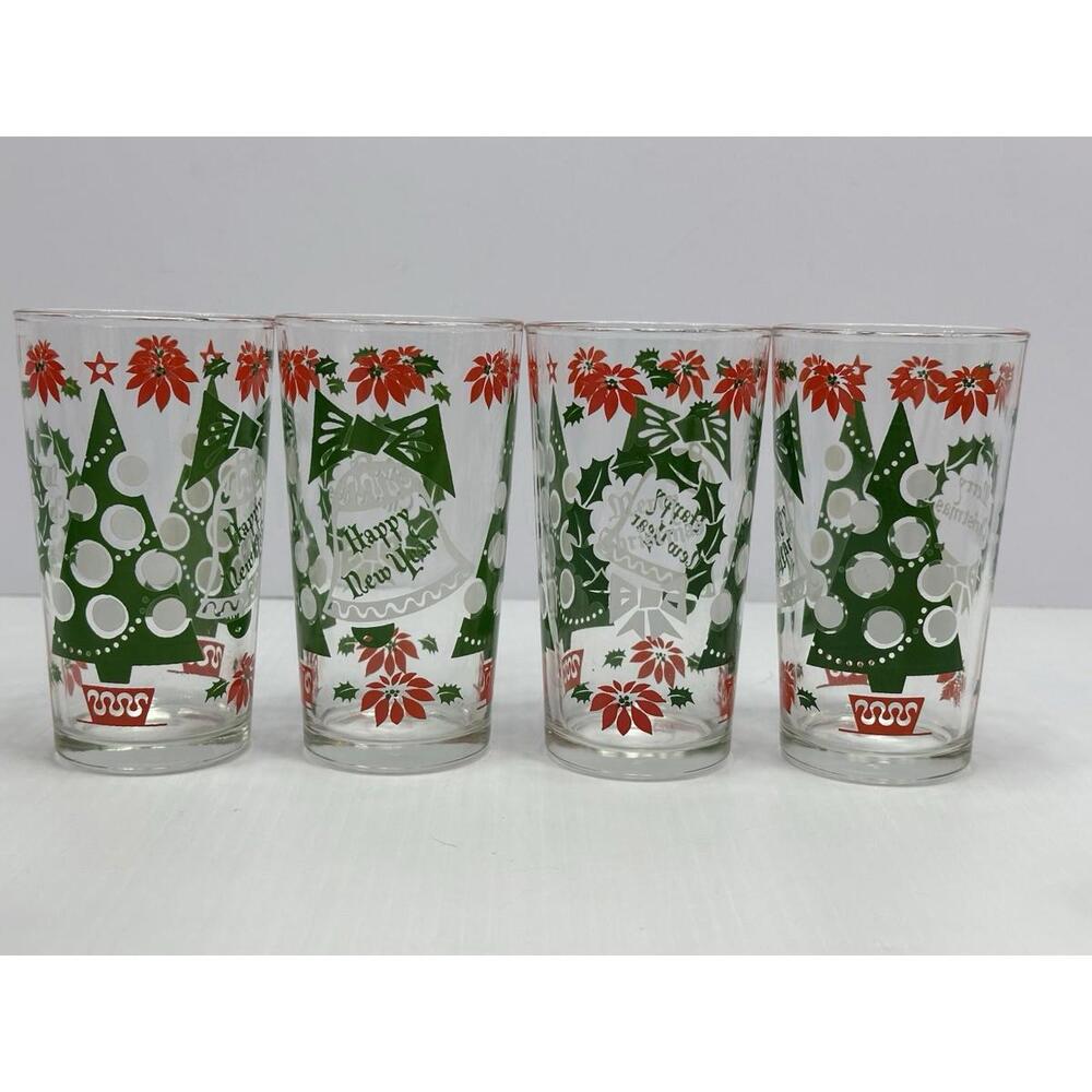 Vintage Hazel Atlas Set Of 4‎ MCM Glass Merry Christmas New Year Tumblers 1960s
